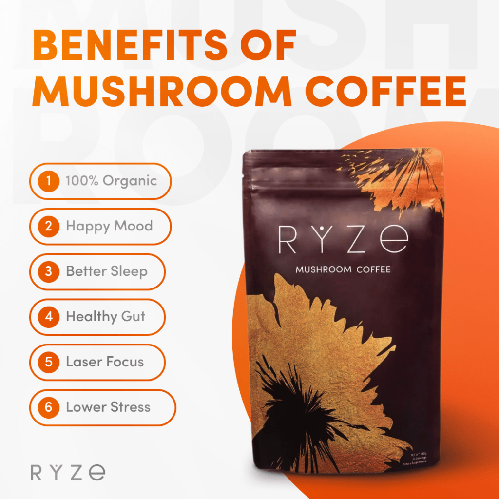 RYZE Mushroom Coffee with 6 Organic Adaptogenic Mushrooms Grown in